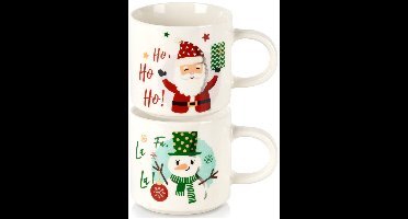 Mokken Porselein Kerstman Sneeuwpop 400 ml 2 stuks - Set - Bekers - Koffiebekers - Kopjes - Koffiemok