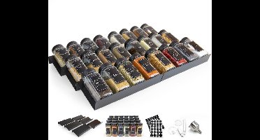 George Napoli Kruidenrek lade met 24 kruidenpotjes - Uitschuifbaar lade organizer - Glazen potjes met metalen deksel