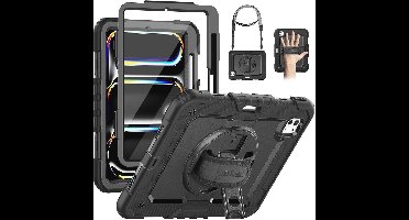 SEYMAC Hoes voor iPad Pro 11 Inch 2024 5e Generatie M4, Stootvaste Cover voor iPad Pro 11 met Displaybescherming, 360° Draaibare Standaard en Polsband, Schouderriem, Penhouder, Zwart