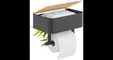 Stijlvolle wandgemonteerde toiletpapierhouder 2-in-1 met opslag en telefoonhouder in metaal en bamboe