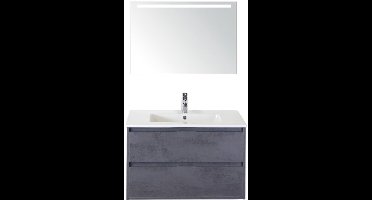Porto Badmeubelset 90 cm - Beton Antraciet - Keramische Wastafel Wit Slim met Sence Spiegel