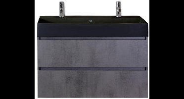 Maxx XL Badmeubelset 100 cm - Beton Antraciet - Wastafel Kube Zwart 2 Kraangaten
