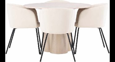 Olivia eethoek tafel whitewash en 4 berit stoelen beige.