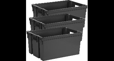 EDA Opbergbox/Opbergkrat 50 L - 3x - zwart - kunststof - 56 x 41 x 29 - stapelbaar/nestbaar