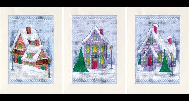 Vervaco - Wenskaart kit - Kerst - Winterhuisjes set van 3 - PN-0149548 - Borduren - Borduurpakket - Borduurpakket volwassenen - Borduurpakket kind
