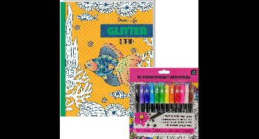 Glitter kleurboek Voor Volwassenen - Ocean Life - Inclusief 12 Kleurstiften In Heldere Kleuren