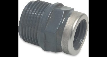 Mega Soknippel PVC-U 1 1/2" x 1 1/4" buitendraad x binnendraad 10bar grijs met RVS ring type versterkt