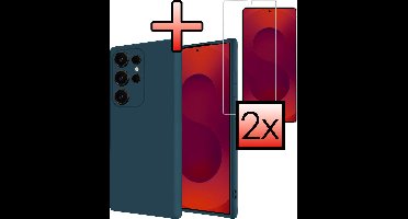 Hoesje - Met 2x Screenprotector - Geschikt voor Samsung Galaxy S25 Ultra - Sterk & Shockproof - Back Cover - Siliconen Case - Telefoon Hoes - Donkerblauw