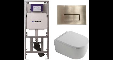 QeramiQ Dely Swirl Toiletset - 36.3x51.7cm - Geberit UP320 inbouwreservoir - met Burda frame - 35mm zitting - geborsteld messing bedieningsplaat - rechthoekige knoppen - wit glans