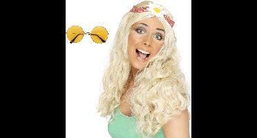 Smiffys Hippie Sixties verkleedset dames - Pruik lang haar blond - bril met ronde glazen geel - Flower Power thema