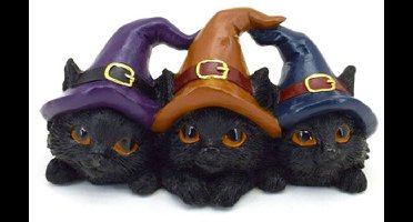 Beeldje - Heksen Katjes Trio Zwart - Fantasy Mutsen Paars&Lichtbruin&Donkerblauw - 7,5x6x15cm