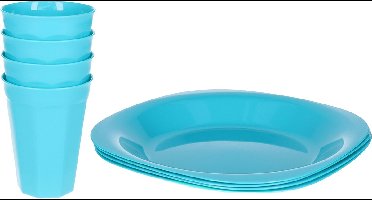 Plasticforte Verjaardag/kinder/camping borden/beker set - 8x stuks - blauw - kunststof - onbreekbaar