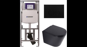 QeramiQ Dely Toiletset - 36.3x51.7cm - diepspoel - rimless - Geberit UP320 inbouwreservoir - softclose toilet zitting 35 mm - kunststof mat zwarte bedieningsplaat - ronde knoppen - mat zwart