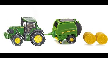 SIKU 1665, John Deere Tractor met Balenpers en 2 hooibalen, metaal/kunststof