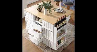 Learnlogic Keukenkast, serveerwagen met houtnerf, keukenwagen met wielen en werkblad, keukenwagen met kruidenrek en handdoekhouder, keukeneiland met schuifdeuren en laden, wit