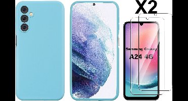 Hoesje Geschikt Voor Samsung Galaxy A24 Hoesje siliconen Licht Blauw zacht siliconen hoesje TPU backcover - Met Screenprotector - 2 stuks
