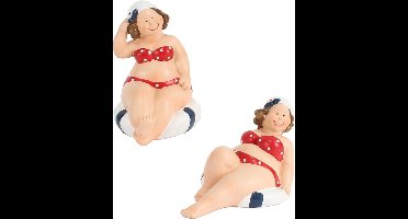 Woonkamer decoratie beeldjes set van 2 dikke dames - rood badpak - 10 cm