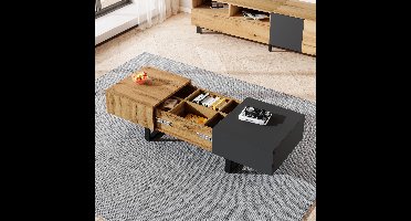 Gutent Salontafel, Boomstam en Antracietgrijs, Multifunctionele Moderne Verschuifbare salontafel met verborgen opbergkast, gemaakt van hoogwaardig hout en metalen steunen, geschikt voor woonkamer en kantoor, eenvoudig te installeren, 155 x 55 x 22 cm