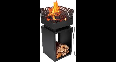 BBQ Collection Vuurkorf met Vonkenscherm - Tuinhaard 39 x 39 x 85 cm - Buitenhaard met Pook en Brandhout Opslag - Houtkachel voor Tuin en Terras - Buitenkachel voor Hout - Carbon Staal