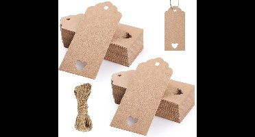 150x Stuks Kraft Karton Labels met 20m Jute Touw - Hart Kartonnen Cadeaulabels met Gaatje en Koord - Bruine Etiketten - Kraftpapier Naamkaartjes - Blanco Prijskaartjes\Prijslabels met Koortje - 9x4cm