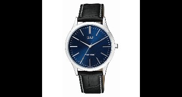 Q&Q C08A-011PY - Horloge - Heren - Mannen - Leren band - Rond - Staal - Streepjes - Zwart - Zilverkleurig - Blauw