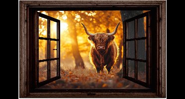 Poster 30x20 cm - Schotse hooglander - Bos - Herfst - Dieren - Natuur - Bladeren - Doorkijk - Posters - Kamer decoratie - Wanddecoratie woonkamer - Muurdecoratie slaapkamer