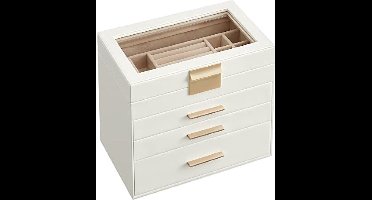 sieradendoos, juwelendoos met 4 niveaus, juwelendoos met glazen deksel, 3 laden, voor zonnebrillen, grote juwelen, opbergen van juwelen, modern, gewolkt wit JBC161W01
