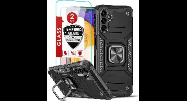 Hoesje Geschikt Voor Samsung Galaxy A13 5G / A04s Hoesje – Ring houder - Magnetisch Auto Mount – Met 2x screenprotector – gehard glas – Zwart