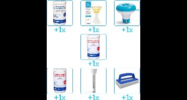 Zwembad Onderhoudspakket - Onderhoud Zwembad - bevat Chloor - Testrips - Chloordrijver - PH-min - PH-plus - Thermometer en Scrubborstel (7-delig)