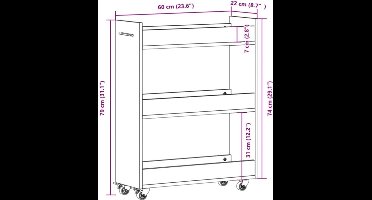 Opbergkast – Kast met wielen – Bureaukast – Opbergmeubel – Rollende kast – Beton grijs – Stevig hout – 60x22x79 cm