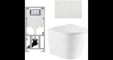 QeramiQ Dely Toiletset - 36.3x51.7cm - diepspoel - rimless - Geberit UP320 inbouwreservoir - met Burda frame - softclose toiletzitting - glans witte bedieningsplaat - ronde knoppen - wit glans