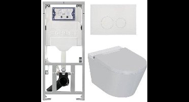 QeramiQ Luma Douche WC Set - Geberit UP320 inbouwreservoir - met Burda frame - fohn - ladydouche - mat witte metalen bedieningsplaat - ronde knoppen - glans wit