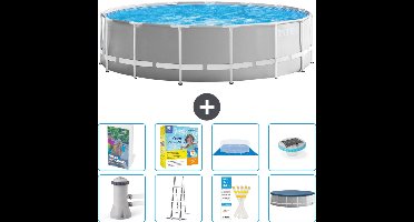 Intex Rond Prism Frame Zwembad - 457 x 122 cm - Grijs - Inclusief Pomp - Ladder - Grondzeil - Afdekzeil - Onderhoudspakket - Verlichting - 9-delig