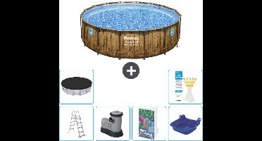 Bestway Rond Power Steel Swim Vista Zwembad - Houtprint - 488 x 122 - Inclusief Pomp - Ladder - Afdekzeil Voetenbad - 7-delig