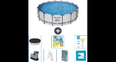 Bestway Rond Steel Pro MAX Zwembad - 488 x 122 cm - Grijs - Inclusief Pomp - Ladder - Afdekzeil - Onderhoudspakket - Vloertegels - 8-delig