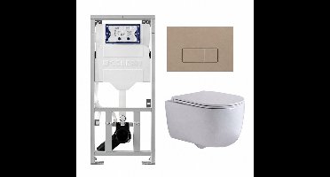 QeramiQ Dely Swirl Toiletset - 36.3x51.7cm - Geberit UP320 inbouwreservoir - met Burda frame - slimzitting - bedieningsplaat taupe - rechthoekige knoppen - wit glans