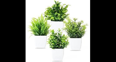 4 stuks kunstplant met pot, kleine kunstplantdecoratie van kunststof, decoratieve planten van kunststof, kunstplant voor bureau, woonkamer, kantoor en badkamerdecoratie
