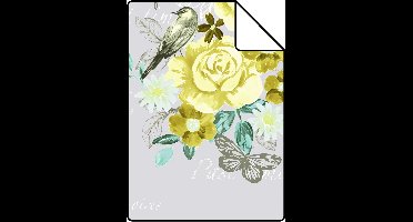 Proefstaal ESTAhome behang bloemen en vogels geel - 138123 - 26,5 x 21 cm
