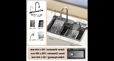 Spoelbakset – Keukenset – Spoelbak – Inbouwspoelbak – Keukenspoelbak – Digitale Watervalkraan – Rechte Afvoer – RVS 75x45 cm Gunmetal Grijs