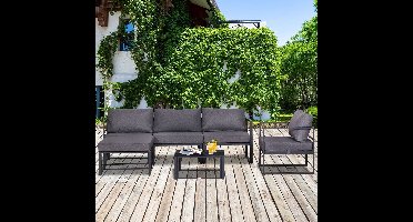 Loungeset Buiten – Tuinmeubelen – Balkonset – Zithoek – Aluminium Frame – Waterbestendige Kussens – Geharde Glazen Tafel