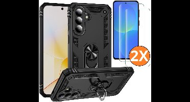 Hoesje Geschikt voor Samsung Galaxy A37 5G Hoesje Zwart Anti-Shock Hybrid Armor hoesje Met Draaibare Ring Houder - Samsung A37 Screenprotector 2 pack