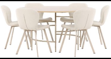 Copenhagen eethoek tafel Ø140cm en 6 stoelen whitewash, beige.