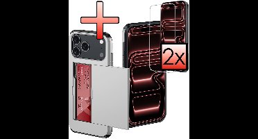 Hoes Geschikt voor iPhone 17 Pro Hoesje Pasjeshouder Hard Cover Met 2x Screenprotector Shock Proof Hard Case Hoes Met Kaarthouder - Grijs