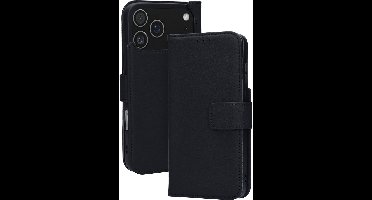 Mobiparts MagSafe Portemonnee/Boekhoesje geschikt voor Apple iPhone 17 Pro Max - Echt Leer - Magnetische Sluiting - Ruimte voor drie pasjes - Microvezel voering - Zwart