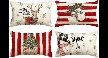 Set van 4 kerst kussenslopen met rode strepen – sneeuwpop, rendier en handschoenenmotief – 30 x 50 cm – decoratieve kussenovertrekken voor bank en woonkamerdecoratie