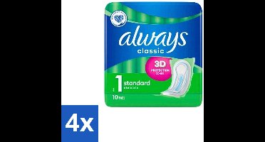 4 x Always Classic - Maandverband - Standaard - 3D Bescherming - 10 Maandverbandjes - Maandverband - Maandverband Standaard - Always Classic - Maandstonden - Hygiëne