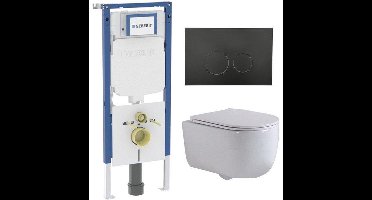 QeramiQ Dely Swirl Toiletset - 36.3x51.7cm - Geberit UP720 Duofix Sigma inbouwreservoir - slim zitting - mat zwarte bedieningsplaat - ronde knoppen - wit mat