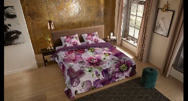 Pure dekbedovertrek bloemen - Lits jumeaux 240x200/220 cm - Bordeaux - Microvezel