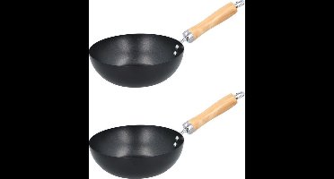 Set van 2x Wok pan houten handvat 20 cm - Met anti-aanbaklaag - Steelwok - Geschikt voor keramisch, halogeen, gas en elektrisch - Koken/Bakken