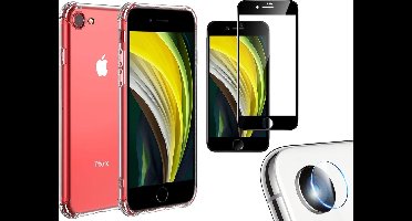 Hoesje geschikt voor iPhone SE 2022 / SE 2020 / 8 / 7 - Anti Shock Proof Siliconen Back Cover Case Hoes Transparant - Full Screenprotector Tempered Glass - Camera Screen Protector